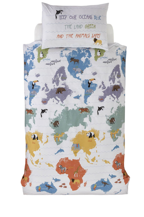 Set includes matching pillowcases with global animal illustrations on sustainably sourced cotton fabric