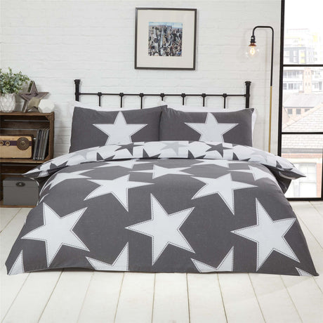 A large scattered star pattern on a reversible duvet cover with contrasting background