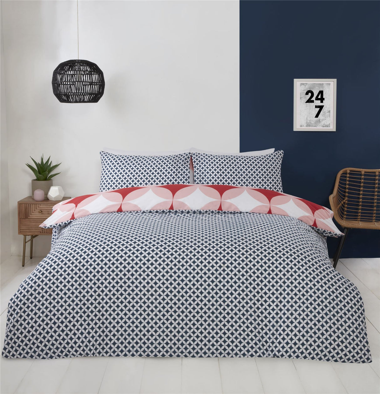Double-sized geo duvet set showcasing bold print and coordinated pillowcases