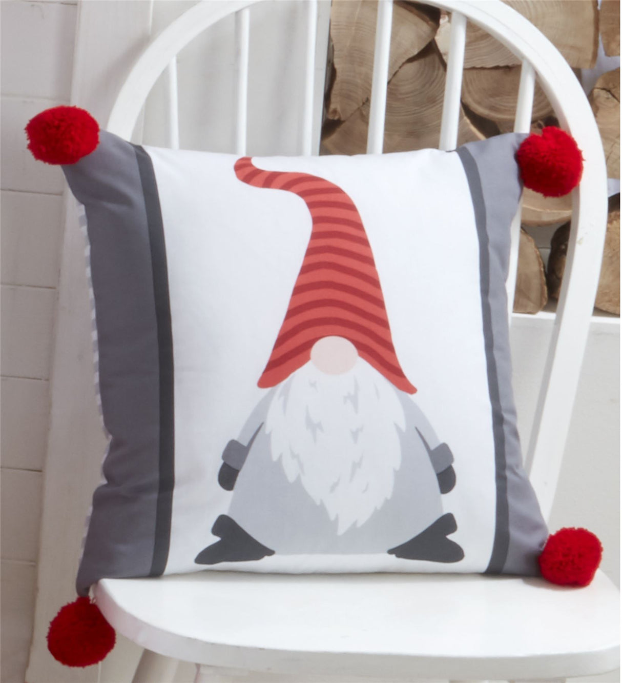 Festive Gonk Filled Cushion with different gonk print in festive colours