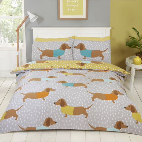 Reversible duvet set showcasing cute sausage dogs on a cheerful yellow polka dot design with matching pillowcases and easycare fabric