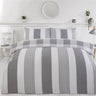 Close-up of the fresh and clean chambray stripe design with check reverse for the Happy Home duvet set