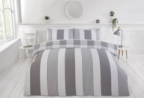 Close-up of the fresh and clean chambray stripe design with check reverse for the Happy Home duvet set