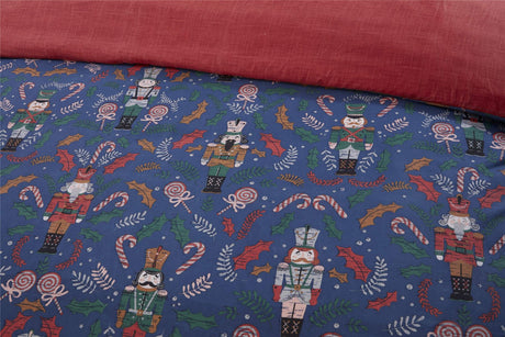 Reversible duvet set with vibrant Nutcracker print on one side and a coordinating festive pattern on the other