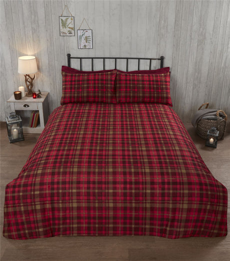 Duvet covers with rustic stag motif and tartan print reverse, featuring button closures
