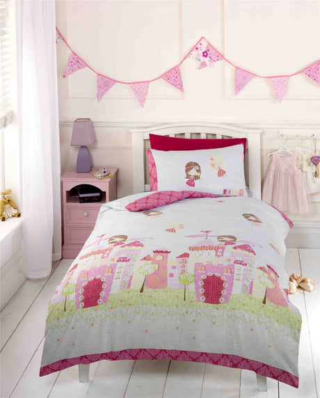 A charming fairy castle duvet set featuring pink tones, includes a single duvet cover and matching pillowcase with popper closure, perfect for little girls