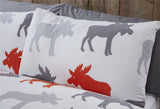 A full view of the duvet cover with button closure, showcasing the modern moose design in grey and red
