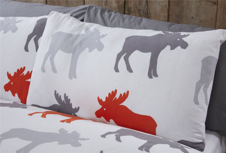 A full view of the duvet cover with button closure, showcasing the modern moose design in grey and red