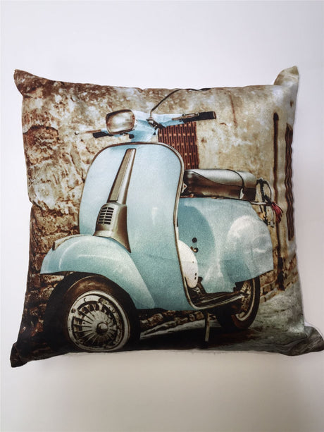 A fun and quirky photographic Italian scooter printed onto luxuriously soft velvet cushion