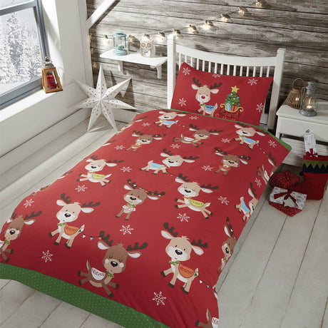 A festive children's duvet set featuring Rudolph on the pillowcase and multiple reindeer scattered across the duvet cover in traditional red and green colours, perfect for adding Christmas magic to a child's bedroom