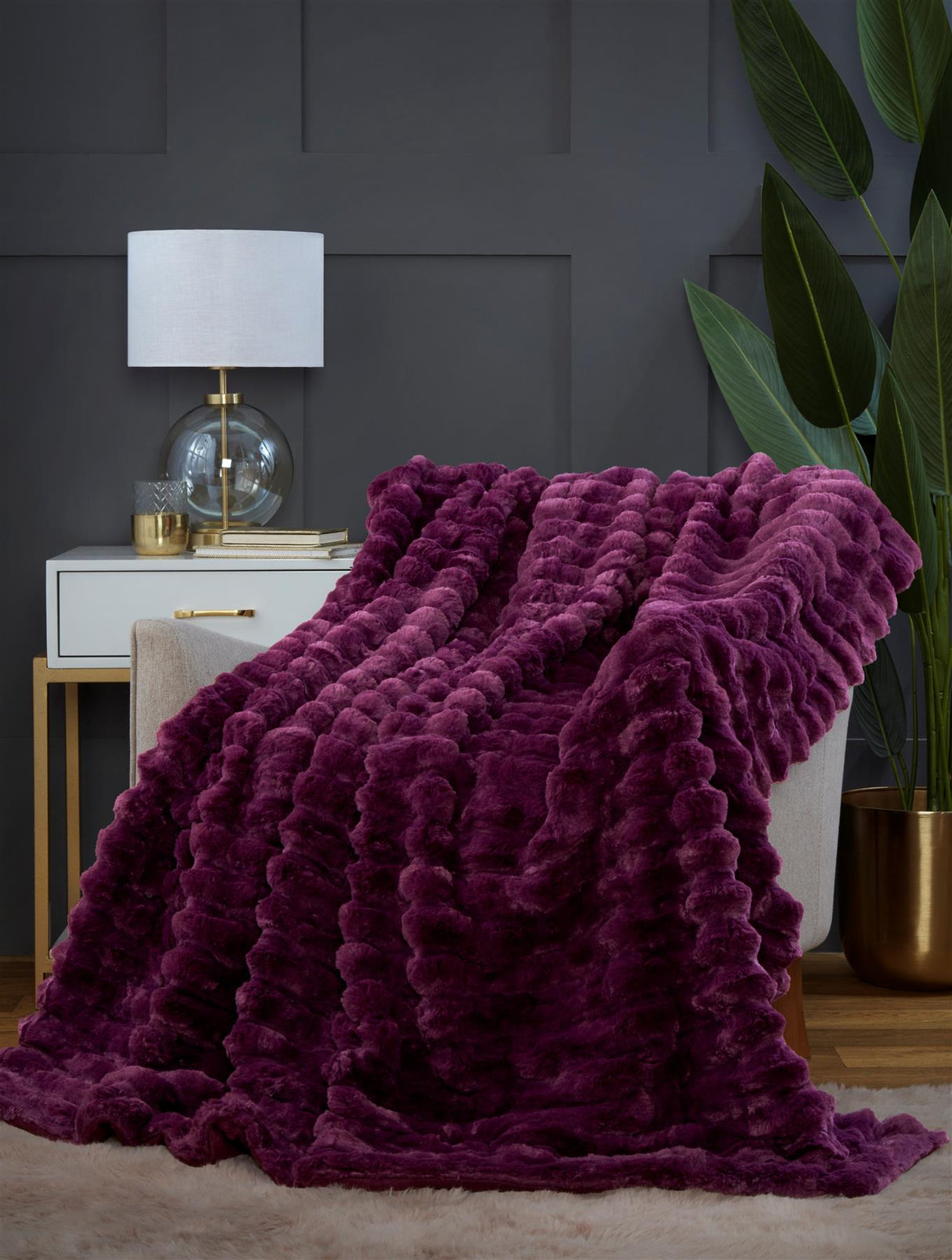 Detailed view of the rich coloured plush rabbit fur fabric, highlighting its softness and plushness