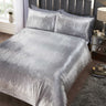 Close-up of Tiffany duvet cover showcasing shimmering foil print and plush crushed velvet texture