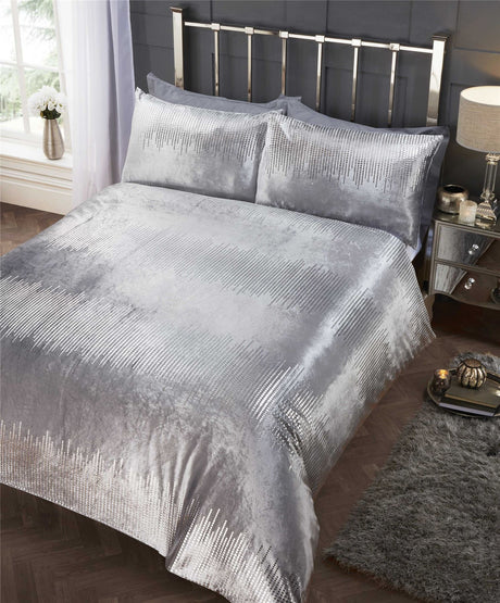 Close-up of Tiffany duvet cover showcasing shimmering foil print and plush crushed velvet texture