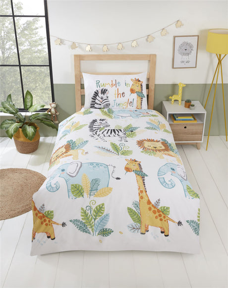 Eco-friendly recycled fabric toddler and single duvet cover with popper closure showcasing jungle animal illustrations