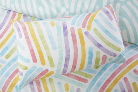 Full view of the reversible Art Duvet Set featuring contrasting aqua and white reverse, perfect for a cosy, easy-care bedroom aesthetic