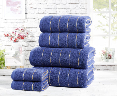 Set of six Sandringham towels including face cloths, hand towels, and bath towels with stylish stripes