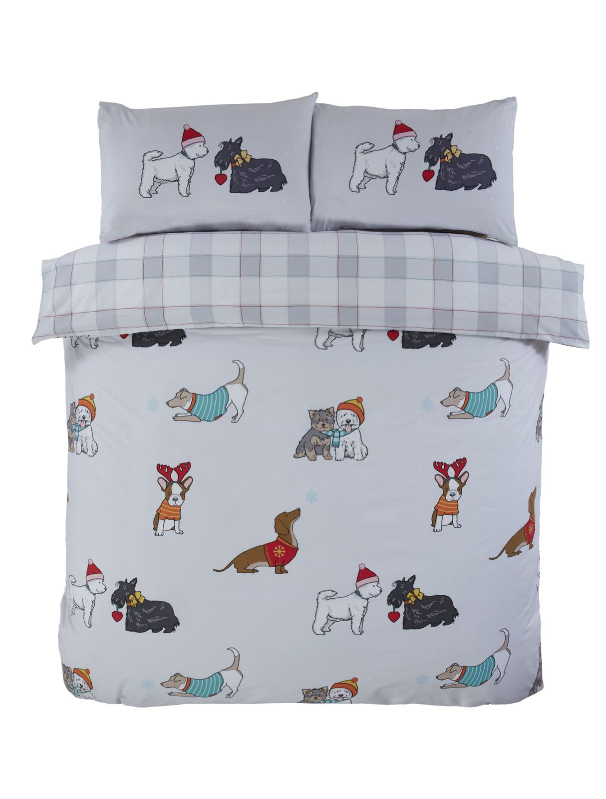 Reversible duvet set featuring charming illustrations of popular dogs dressed for winter festivities with a modern check reverse design