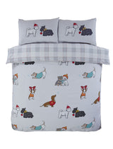 Reversible duvet set featuring charming illustrations of popular dogs dressed for winter festivities with a modern check reverse design