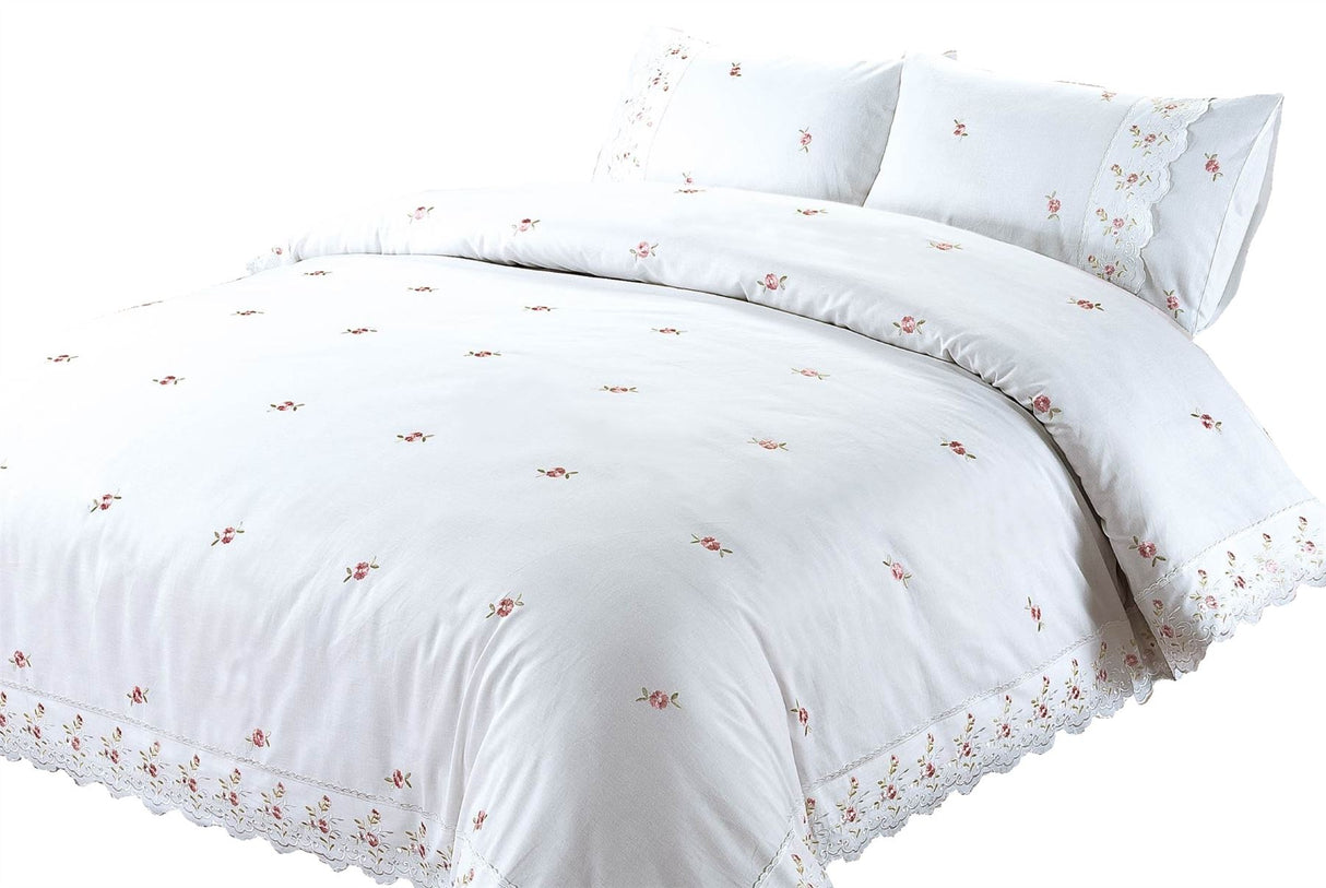 Elegant Sophie Duvet Set featuring embroidered roses and broderie anglaise lace detail