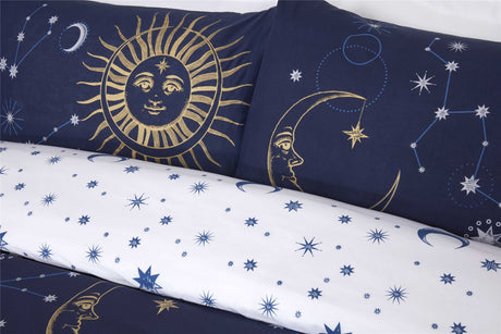 Luxury celestial duvet set with metallic celestial designs and contrasting ditsy star pattern, includes matching pillowcases