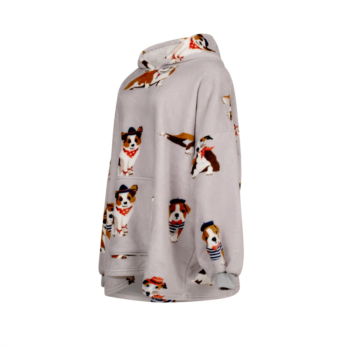 Comfortable one-size wearable hoodie adorned with stylish dog graphics, ideal for lounging or outdoor wear