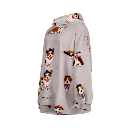 Comfortable one-size wearable hoodie adorned with stylish dog graphics, ideal for lounging or outdoor wear