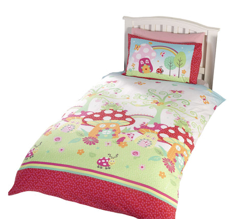 Soft, easy-care fabric featuring whimsical toadstool house and cute ladybird and frog illustrations on kids' duvet set