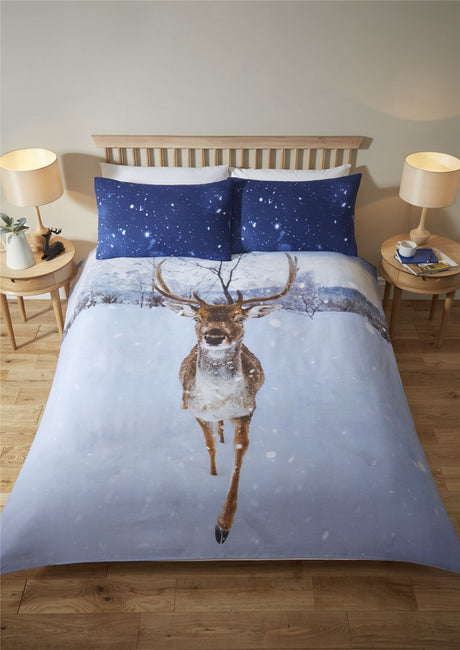 A cosy Montrose Stag duvet set featuring a charming photographic stag design, perfect for festive winter nights