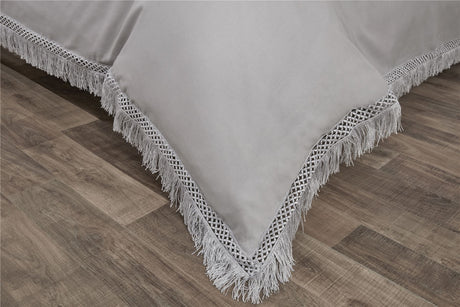 Double size Tia Trellis bedding set including duvet cover and two matching pillowcases with lace trim accents