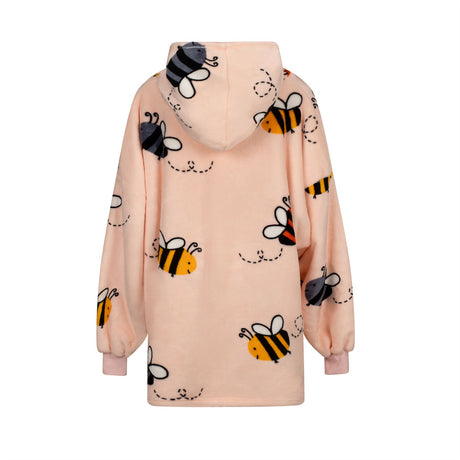 Oversized wearable hoodie with cheerful bee pattern, elastic cuffs, and soft sherpa fleece interior perfect for warmth and comfort