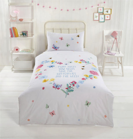 A duvet cover featuring delicate bees and butterflies with eco-friendly design elements
