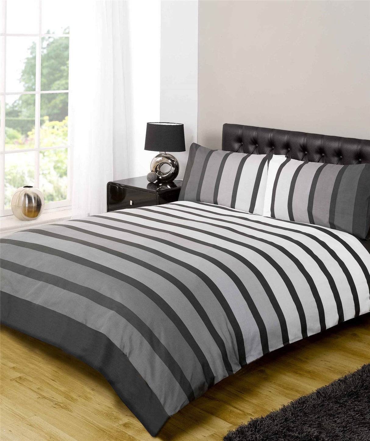 Modern banded stripe Soho duvet cover with matching pillowcases in neutral colours