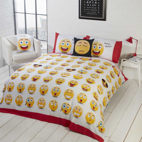 Reversible duvet cover featuring emotional icons on colourful and white background for versatile bedroom decor