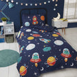 A vibrant space and aliens duvet cover featuring planets, stars, and aliens on a dark blue background illuminated in glow in the dark