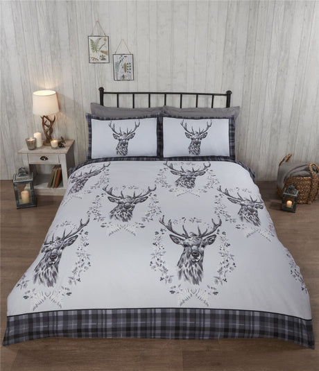 Reversible Angus Stag duvet cover showcasing stag design and tartan printed reverse