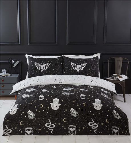 Mesmerising Gothic Magick Duvet Set featuring a Hamsa Hand and eerie Halloween-inspired elements