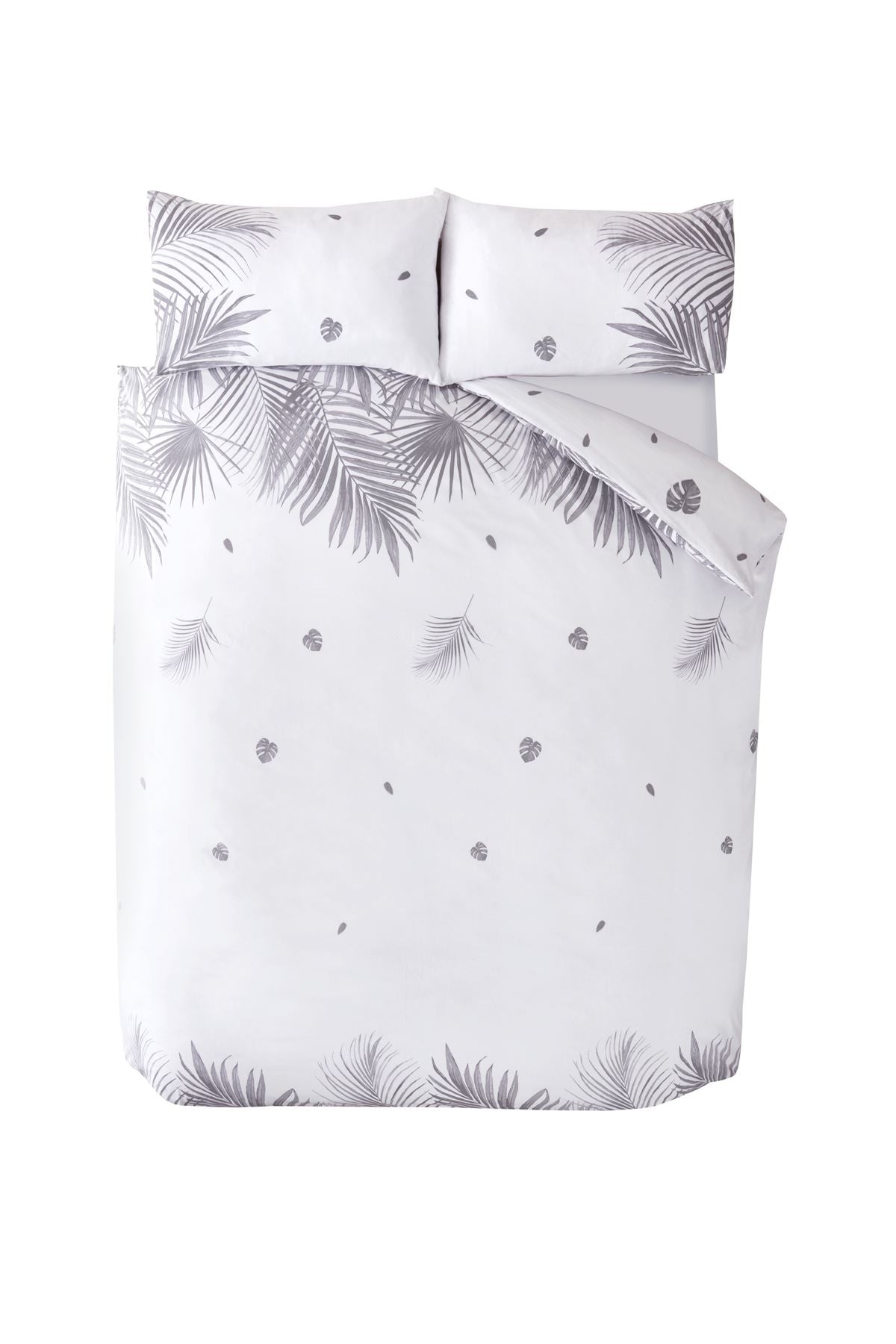 Single-sized duvet cover with tropical plant print, featuring a plastic-free packaging and popper closure