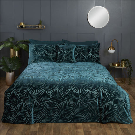 Luxurious Paloma Duvet Set featuring plush velvet jacquard with emerald green palm leaves