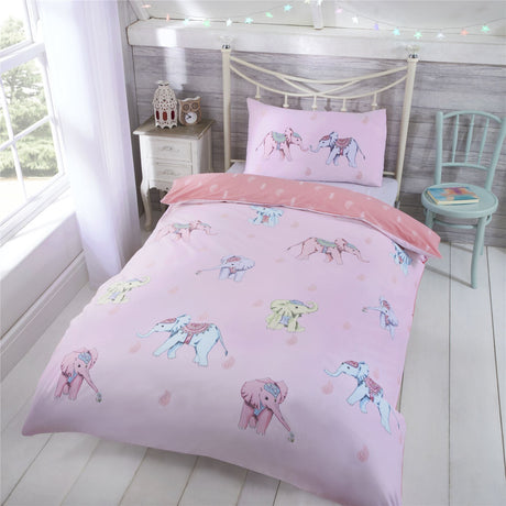A contemporary duvet set featuring a pastel elephant design with a matching paisley reverse, fully reversible for versatile bedroom decor