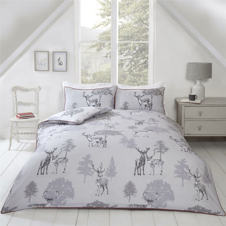 Lush woodland-inspired watercolour design on Sherwood Duvet Set with contrasting piping