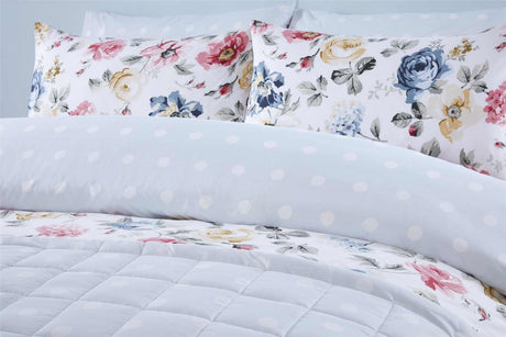 Single, double, and king size options of Emilia Duvet Set with bright floral design and matching pillowcases