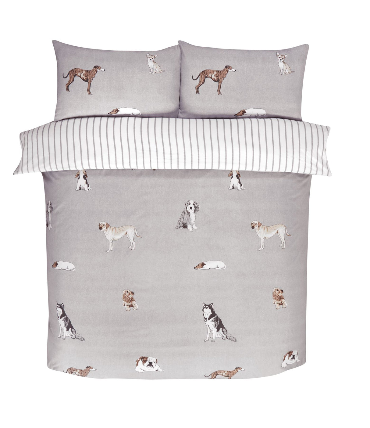 Reversible Paws & Tails duvet set made from 180tc microfibre, showcasing canine illustrations on a textured background