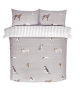 Reversible Paws & Tails duvet set made from 180tc microfibre, showcasing canine illustrations on a textured background