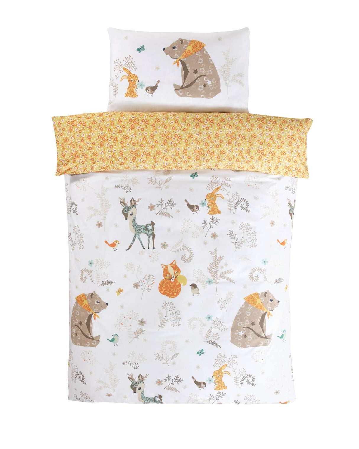 Reversible Woodland Friends duvet set featuring adorable animals and foliage in calming hues, designed by British artists