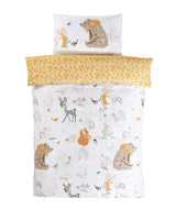 Reversible Woodland Friends duvet set featuring adorable animals and foliage in calming hues, designed by British artists