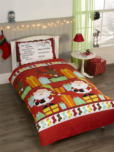Festive duvet cover featuring Santa's list design with stockings, reindeer, and Santa on a red background