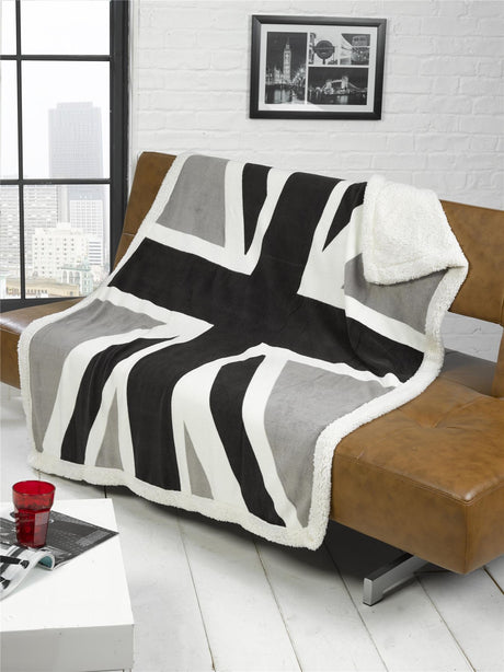 Cozy Union Jack Throw with sherpa fleece reverse and detailed British flag print for British pride and comfort