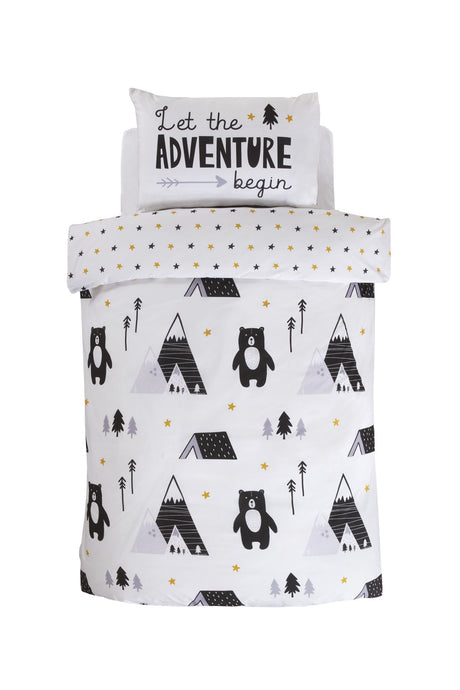 Duvet cover featuring monotone bear and forest motifs with the slogan 'Let the adventure begin' on the pillowcase, includes matching pillowcase or duvet cover