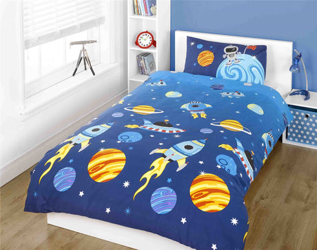 A vibrant space-themed duvet set featuring colourful rockets, planets, and stars across the fabric