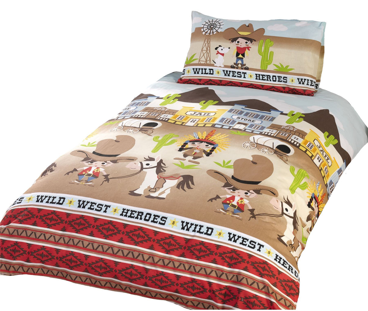  Decorated with a charming cowboy and his dog on the pillowcase, matching the wild west adventure theme of the duvet set